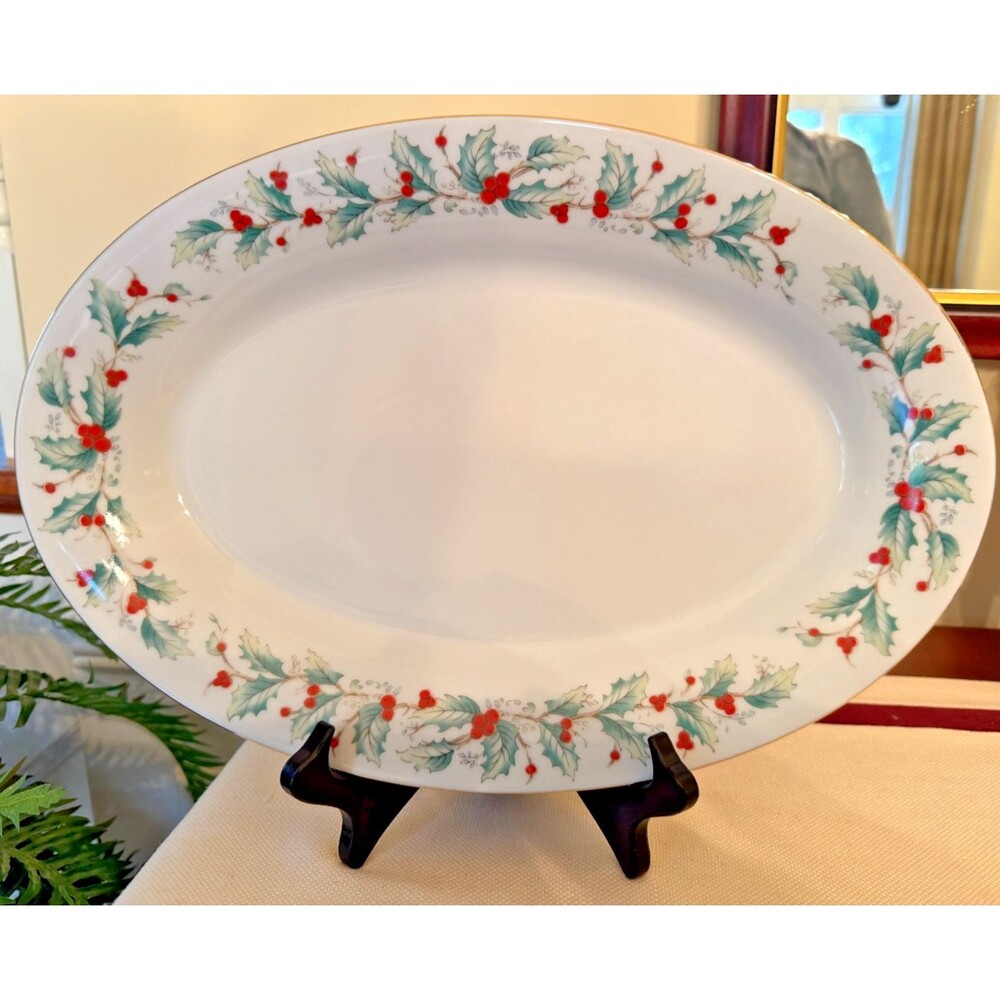 China Pearl NOEL Oval Serving Platter Holly Berries Gold Trim 14" Long